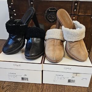 Vintage Coach Women's Black and Tan Shearling Mules - Make Offer